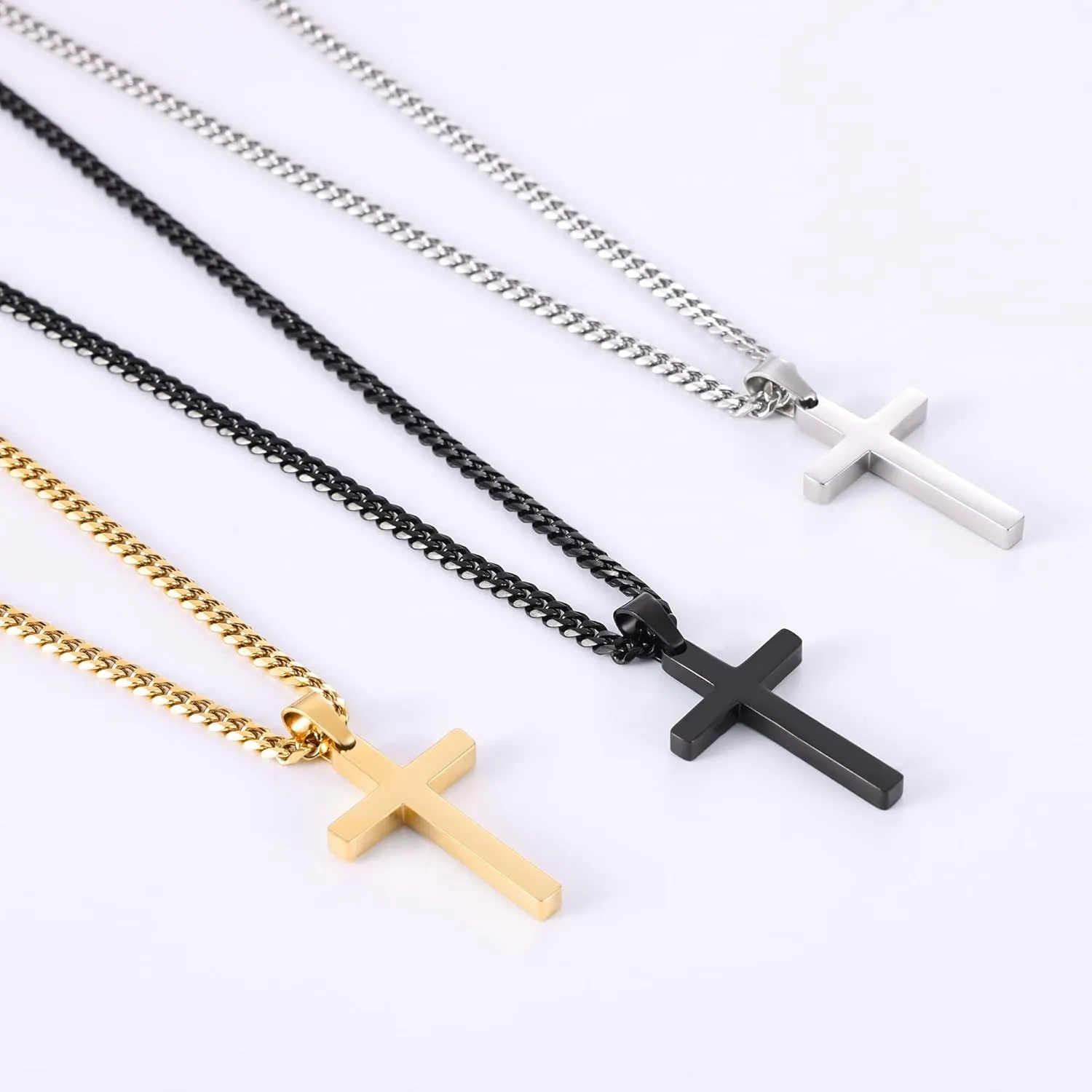 Fiusem Black Necklace for Man, Cross Necklaces with 3.5mm Chain and Stainless Steel Cross Pendant, Cuban Chain 16-24 Inches