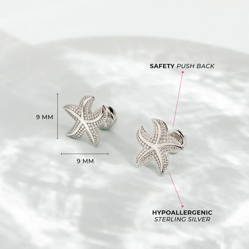 Florida Starfish Kids / Children's / Girls Earrings Safety Push Back - Sterling Silver
