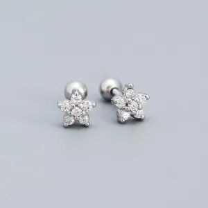Flower 925 Sterling Silver AAA  CZ Diamond Cubic Zirconia Ball Screw Back Tiny Stud Earrings Helix Cartilage Tragus Body Jewelry Piercing Dainty Minimal Birthday Gift Christmas Women Men Teenager