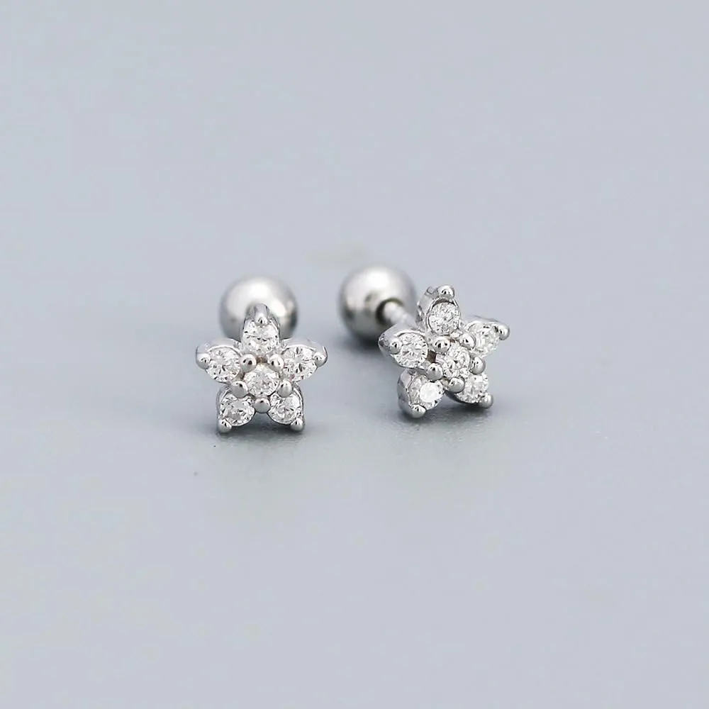 Flower 925 Sterling Silver AAA  CZ Diamond Cubic Zirconia Ball Screw Back Tiny Stud Earrings Helix Cartilage Tragus Body Jewelry Piercing Dainty Minimal Birthday Gift Christmas Women Men Teenager