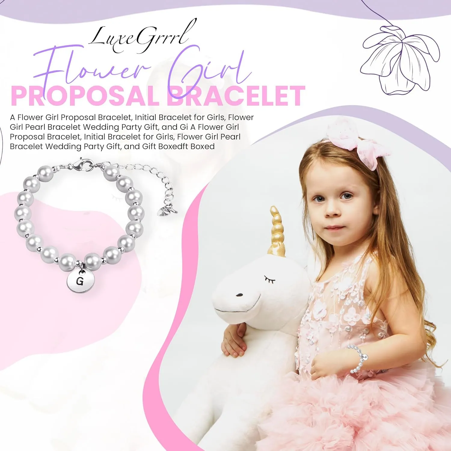 Flower Girl Proposal Bracelet, Initial Bracelet for Girls, Pearl Wedding Party Gift for Child Toddler Kids with Gift Box