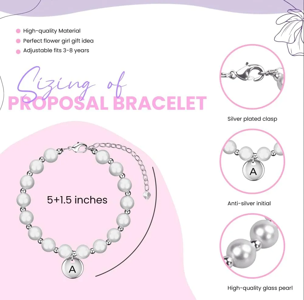 Flower Girl Proposal Bracelet, Initial Bracelet for Girls, Pearl Wedding Party Gift for Child Toddler Kids with Gift Box
