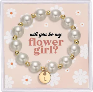 Flower Girl Proposal Gifts, Initial A-Z Bracelet Initial Pearl Bracelets Will You Be My Flower Girl Gift.