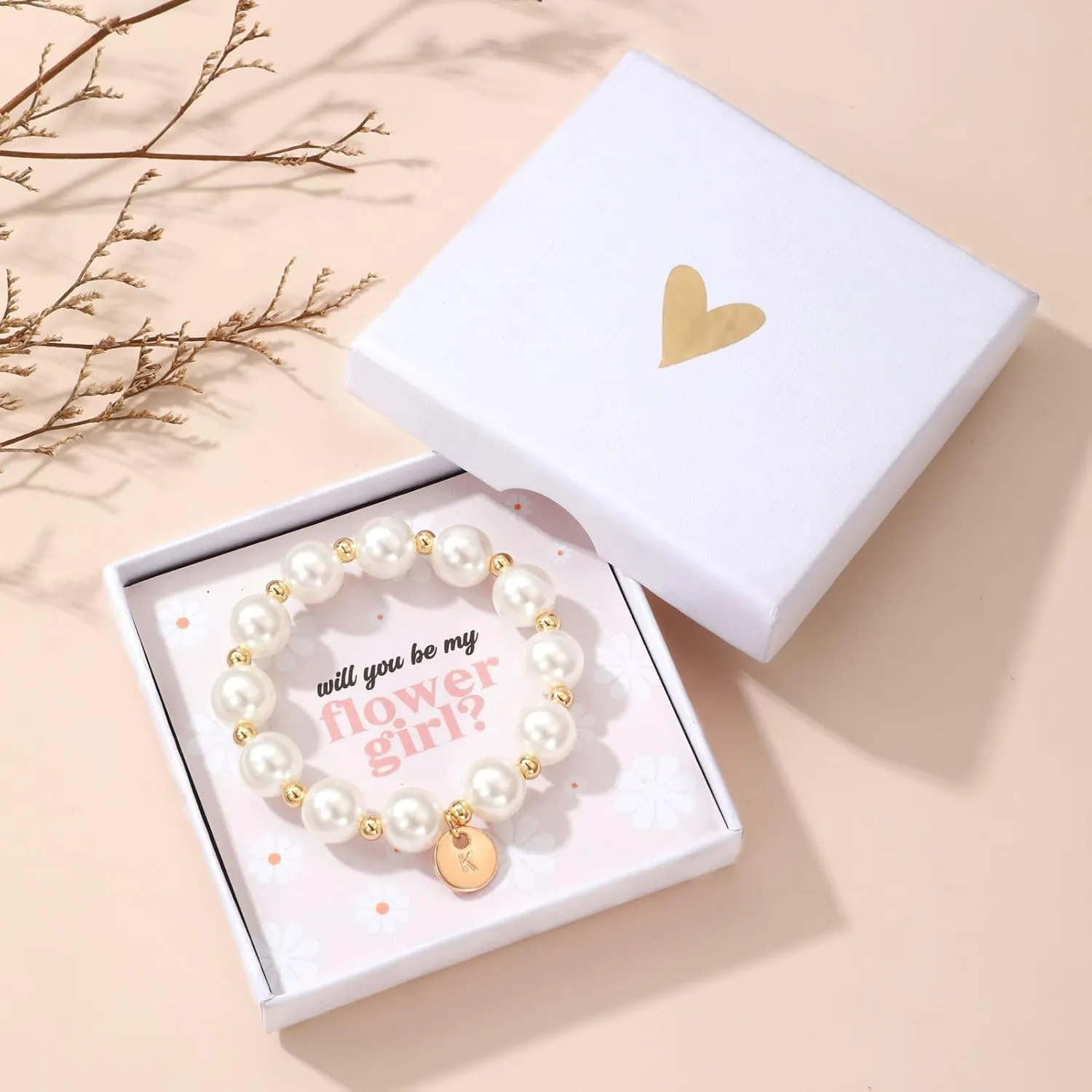 Flower Girl Proposal Gifts, Initial A-Z Bracelet Initial Pearl Bracelets Will You Be My Flower Girl Gift.