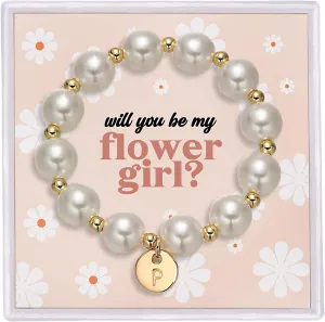 Flower Girl Proposal Gifts, Initial A-Z Bracelet Initial Pearl Bracelets Will You Be My Flower Girl Gift.