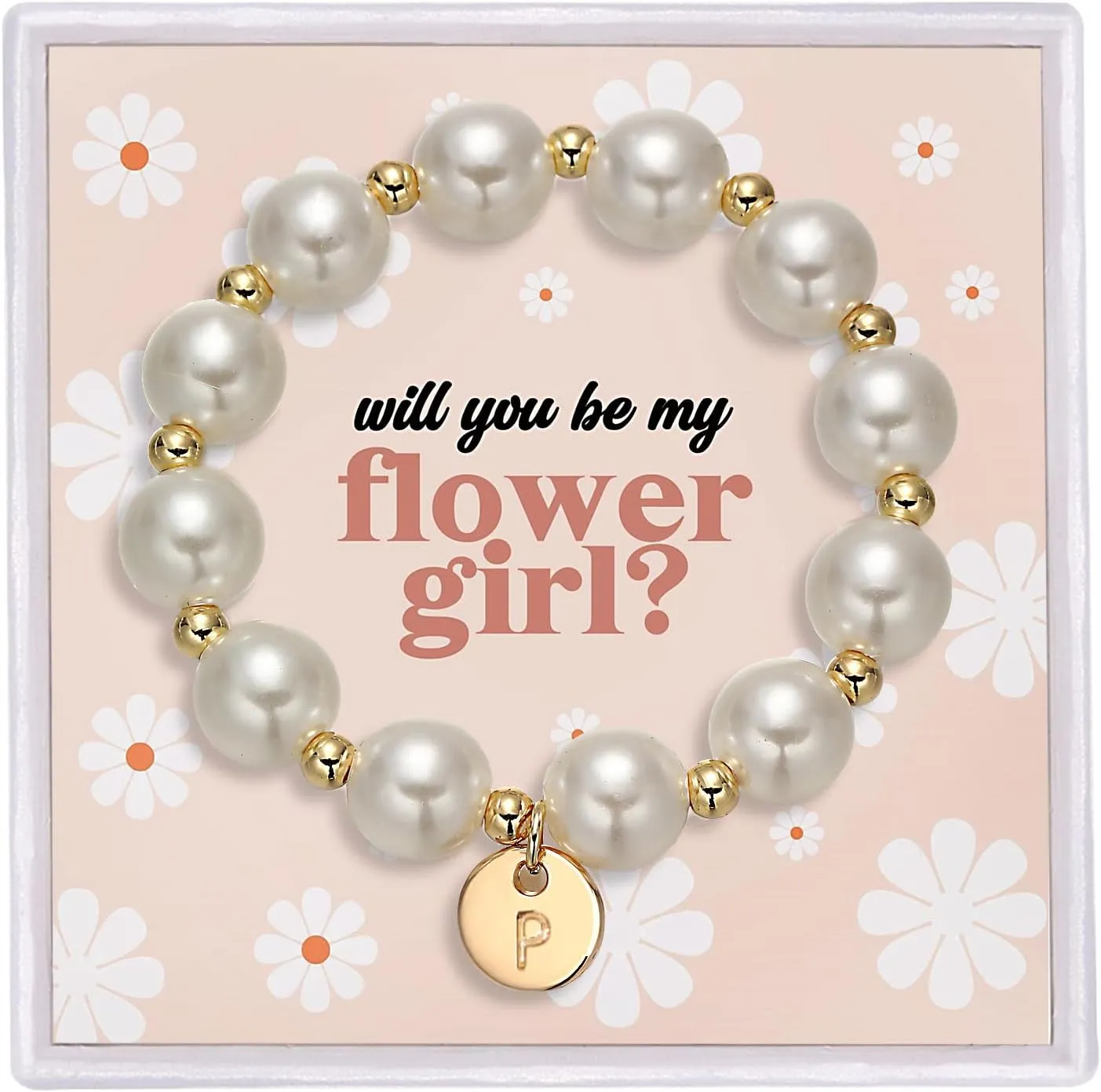 Flower Girl Proposal Gifts, Initial A-Z Bracelet Initial Pearl Bracelets Will You Be My Flower Girl Gift.