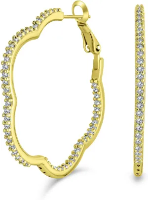 Flower Shaped Pave CZ Cubic Zirconia Large Clover Hoop Earrings Hoop Earrings For Women 14k Yellow Gold Silver Plated Brass 1.5 Inch Diameter