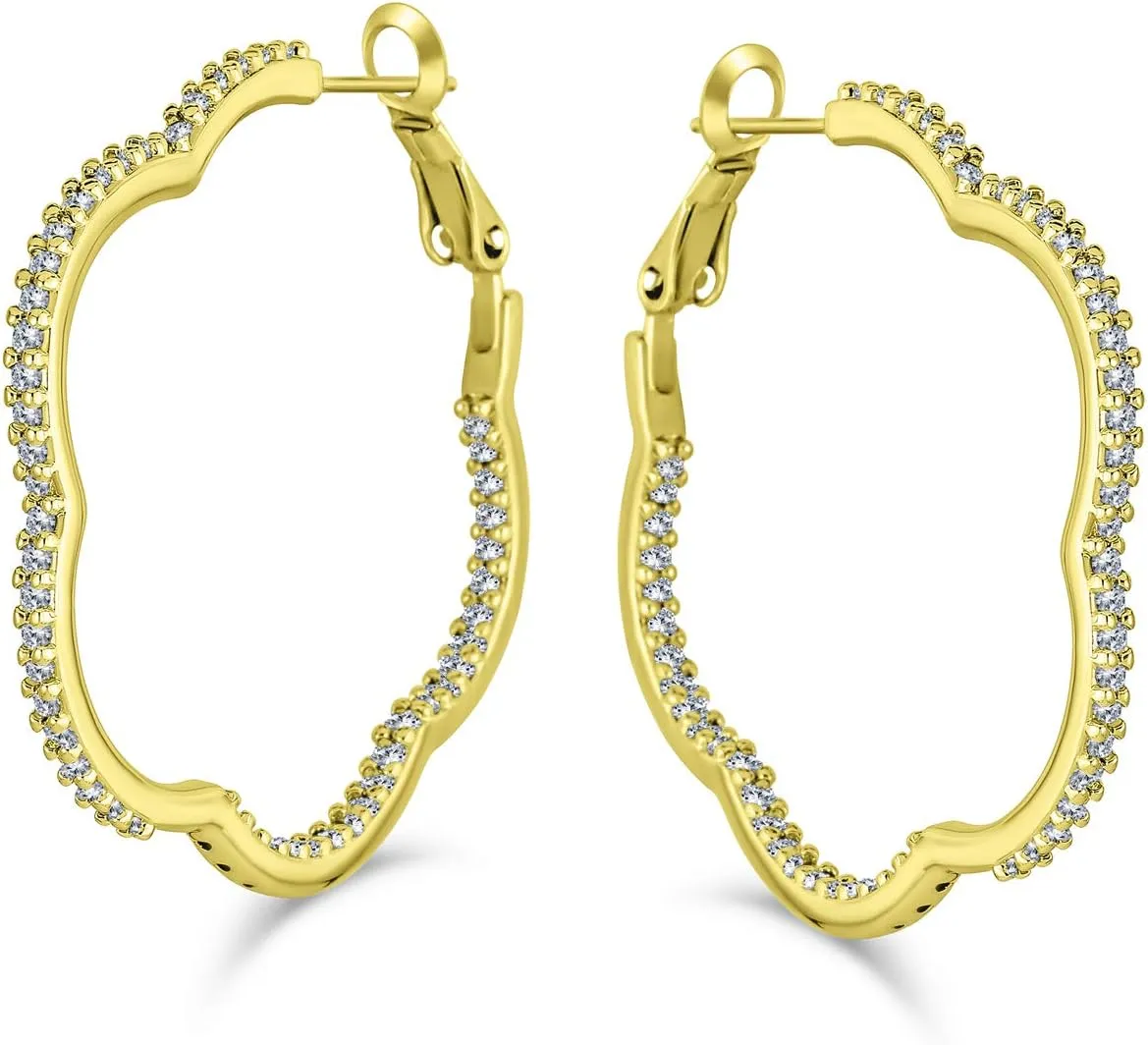 Flower Shaped Pave CZ Cubic Zirconia Large Clover Hoop Earrings Hoop Earrings For Women 14k Yellow Gold Silver Plated Brass 1.5 Inch Diameter