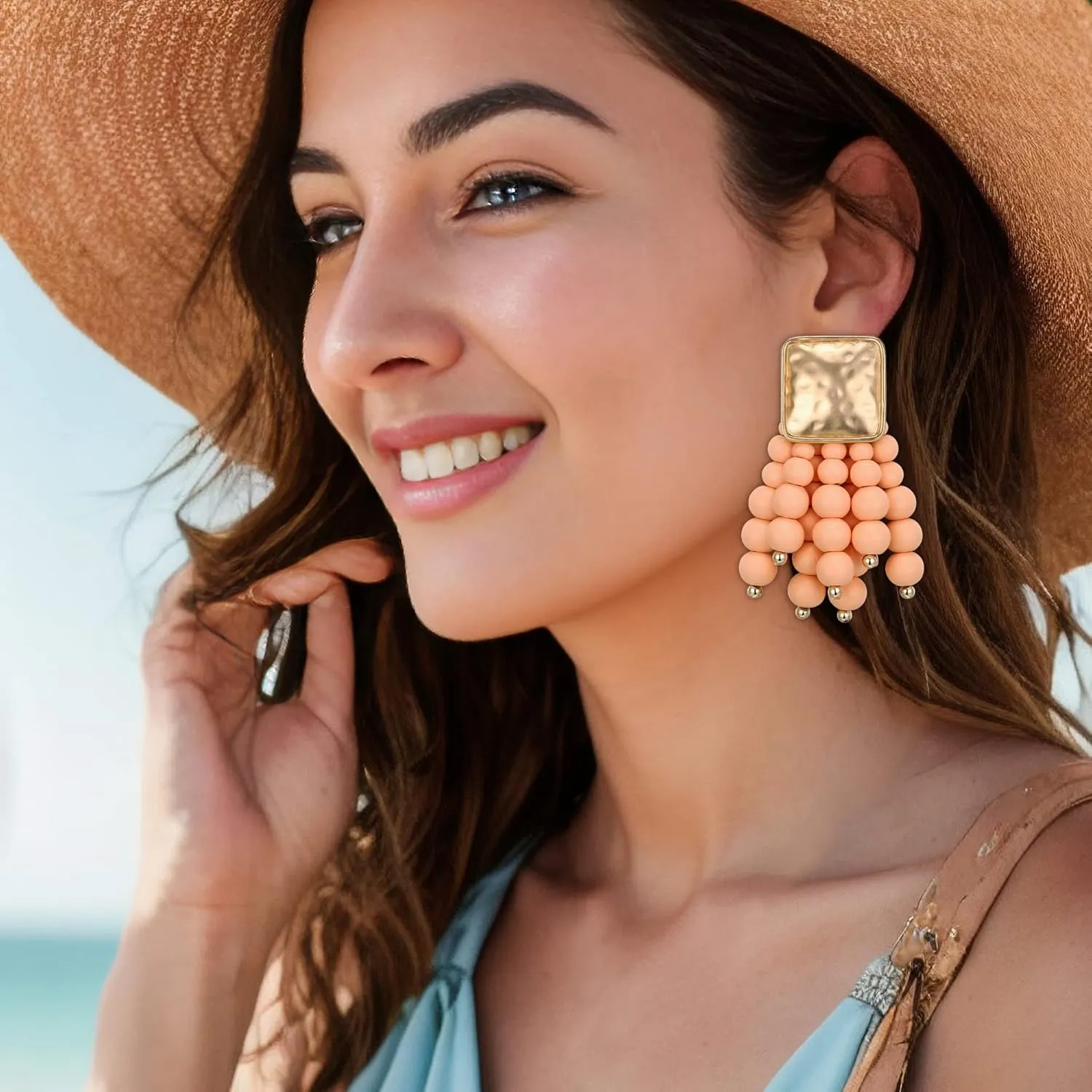 Flyonce Bohemian Earrings for Women, Metallic Beaded Tassel Large Bib Statement Earring