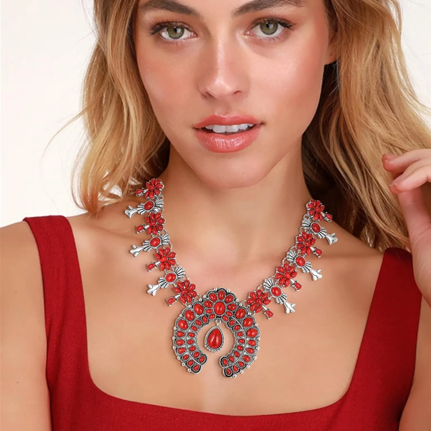 Flyonce Bohemian Turquoise Collar Necklace, Art Deco Flower Costume Statement Necklace for Women