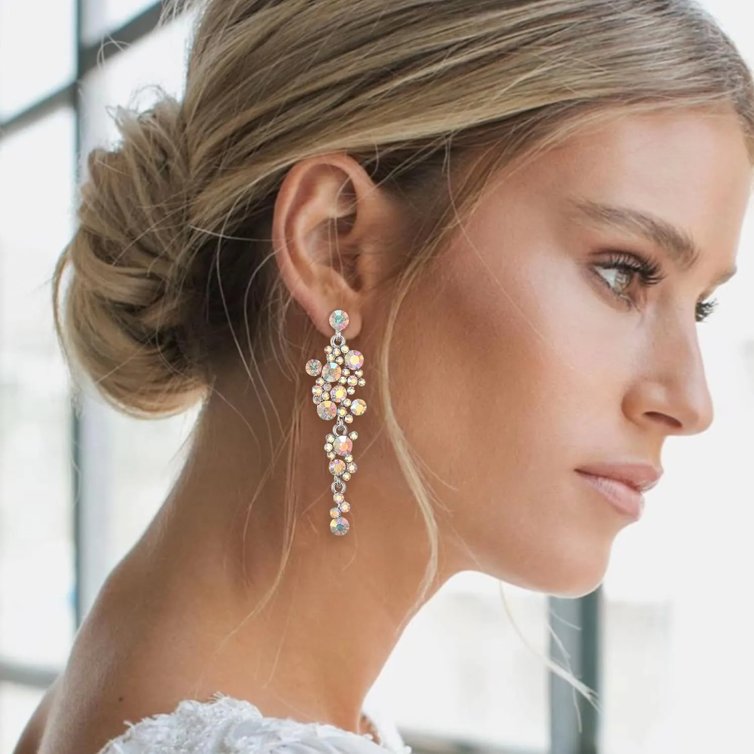 Flyonce Women's Crystal Wedding Bohemian Boho Floral Chandelier Long Dangle Earrings
