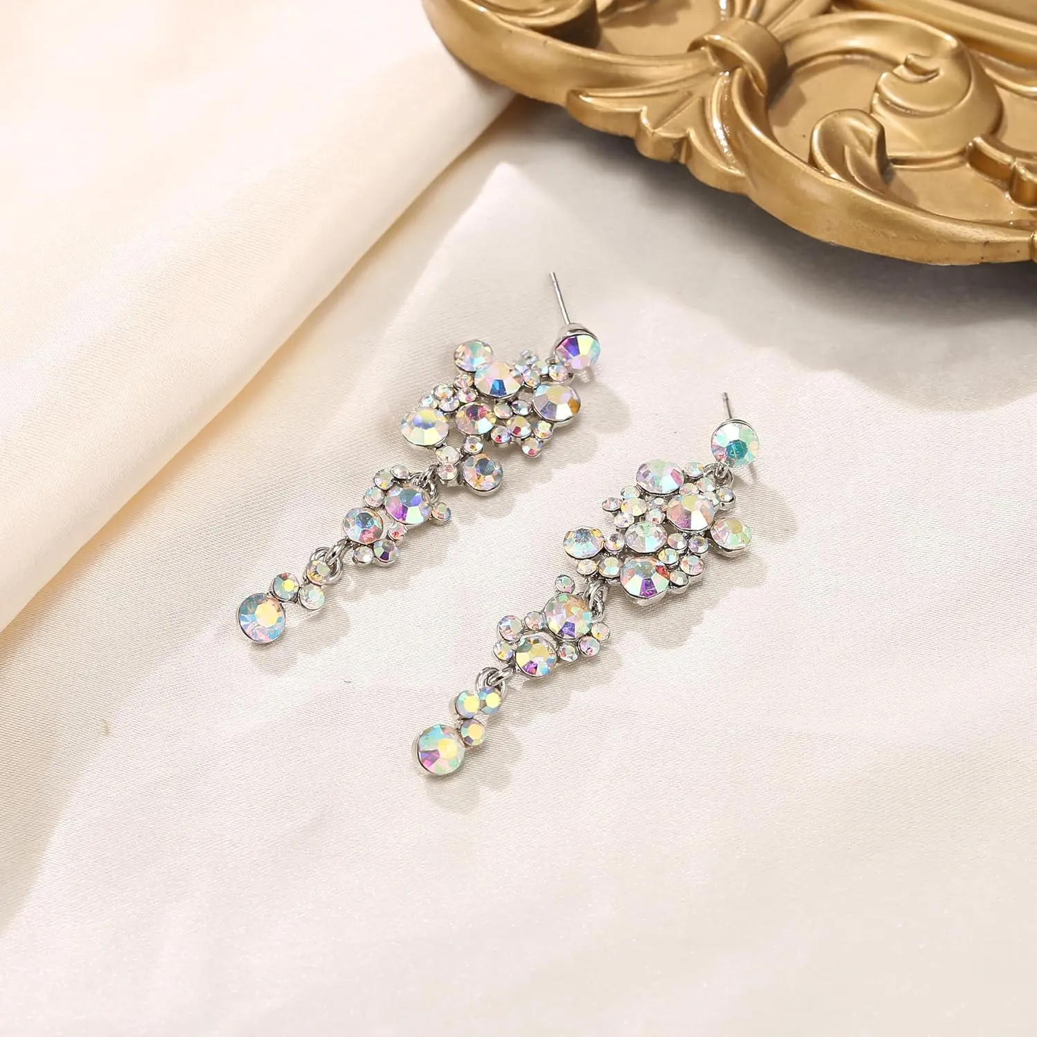 Flyonce Women's Crystal Wedding Bohemian Boho Floral Chandelier Long Dangle Earrings