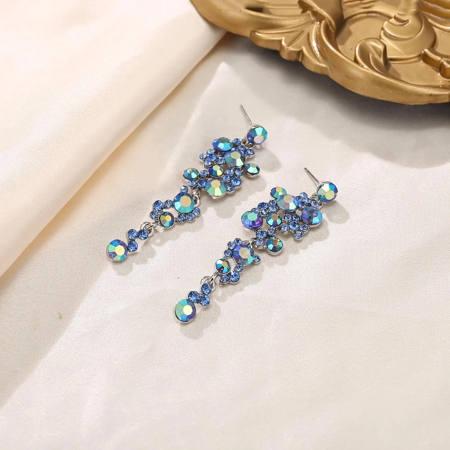 Flyonce Women's Crystal Wedding Bohemian Boho Floral Chandelier Long Dangle Earrings