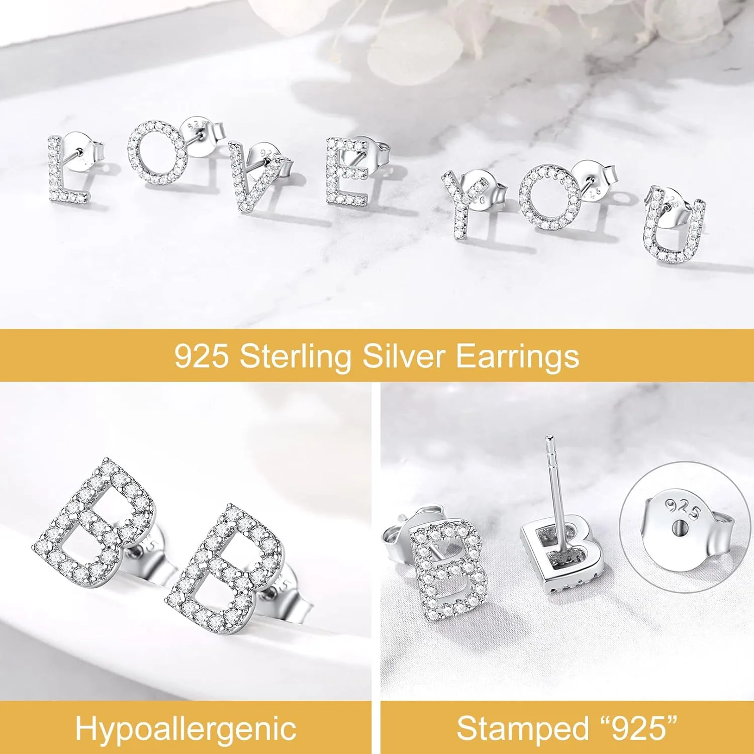 FOCALOOK Sterling Silver Initial A-Z Earrings, Hypoallergenic Dainty Small Black/Silver/Cubic Zirconia Initial Letter Piercing Stud Earrings for Women Sensitive Ear