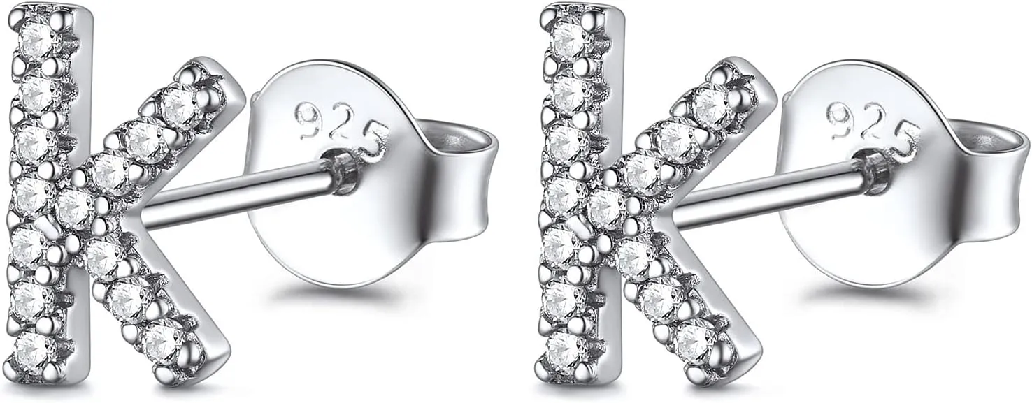 FOCALOOK Sterling Silver Initial A-Z Earrings, Hypoallergenic Dainty Small Black/Silver/Cubic Zirconia Initial Letter Piercing Stud Earrings for Women Sensitive Ear