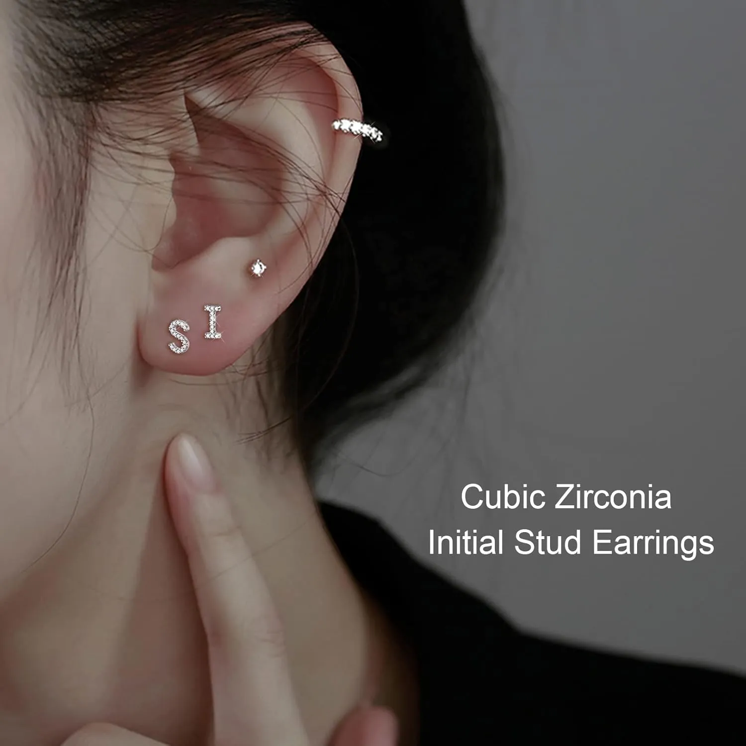FOCALOOK Sterling Silver Initial A-Z Earrings, Hypoallergenic Dainty Small Black/Silver/Cubic Zirconia Initial Letter Piercing Stud Earrings for Women Sensitive Ear