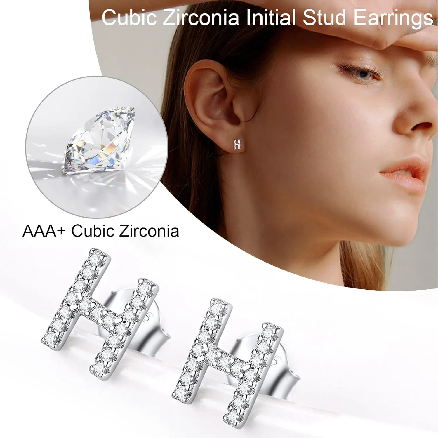 FOCALOOK Sterling Silver Initial A-Z Earrings, Hypoallergenic Dainty Small Black/Silver/Cubic Zirconia Initial Letter Piercing Stud Earrings for Women Sensitive Ear