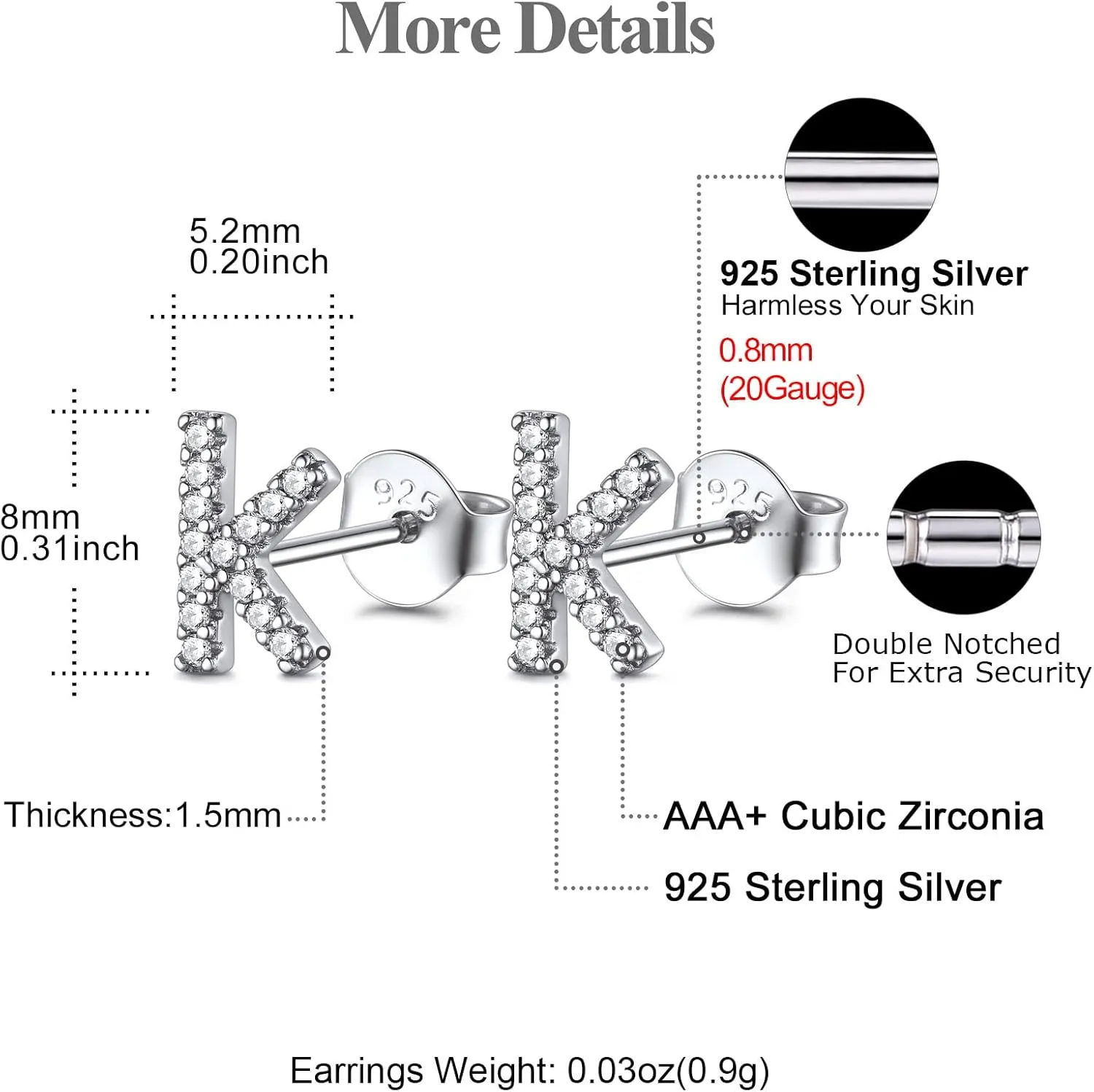 FOCALOOK Sterling Silver Initial A-Z Earrings, Hypoallergenic Dainty Small Black/Silver/Cubic Zirconia Initial Letter Piercing Stud Earrings for Women Sensitive Ear