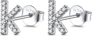 FOCALOOK Sterling Silver Initial A-Z Earrings, Hypoallergenic Dainty Small Black/Silver/Cubic Zirconia Initial Letter Piercing Stud Earrings for Women Sensitive Ear