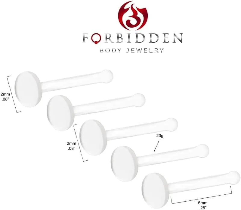Forbidden Body Jewelry 20G Clear Nose Studs - 2mm Invisible Clear Piercing Retainers Jewelry Set, I Shaped, Flat Nose Rings Women & Men - Bioflex Small Nose Studs for Work (1, 2 or 5 Pcs)