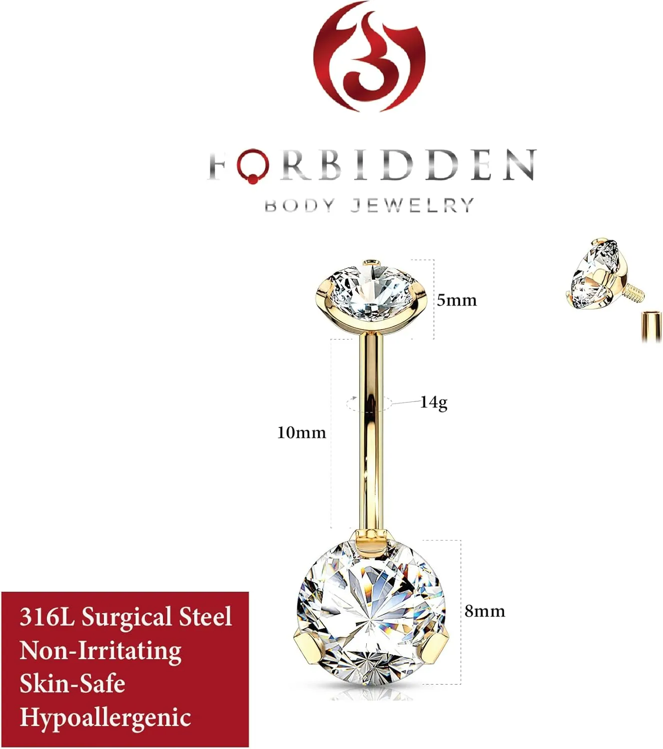 Forbidden Body Jewelry 316L Surgical Steel Belly Button Ring 14G 5-8mm Clear Crystal - Titanium IP Plated Piercing - Cute Small Barbell Belly Rings Women Navel Piercing Set 1 Pc 10mm