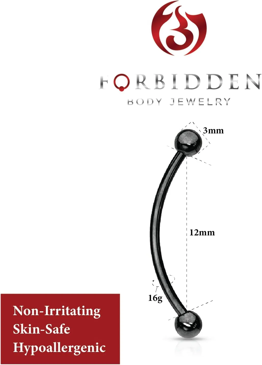 Forbidden Body Jewelry Snake Eyes Piercing Jewelry Tongue, Conch, Belly Button or Eyebrow Rings for Women & Men, 16g Curved Barbell 3mm Solid Ball Ends Surgical Steel Piercing Silver, Choose Your Size