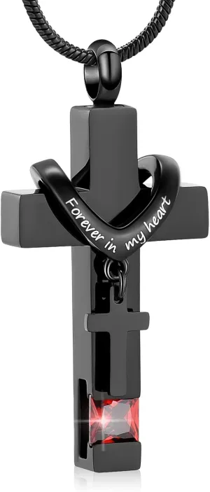 Forever in My Heart Birthstone Personalized Double Cross Urn Pendant Cremation Jewelry for Ashes Cross Ashes Keepsake