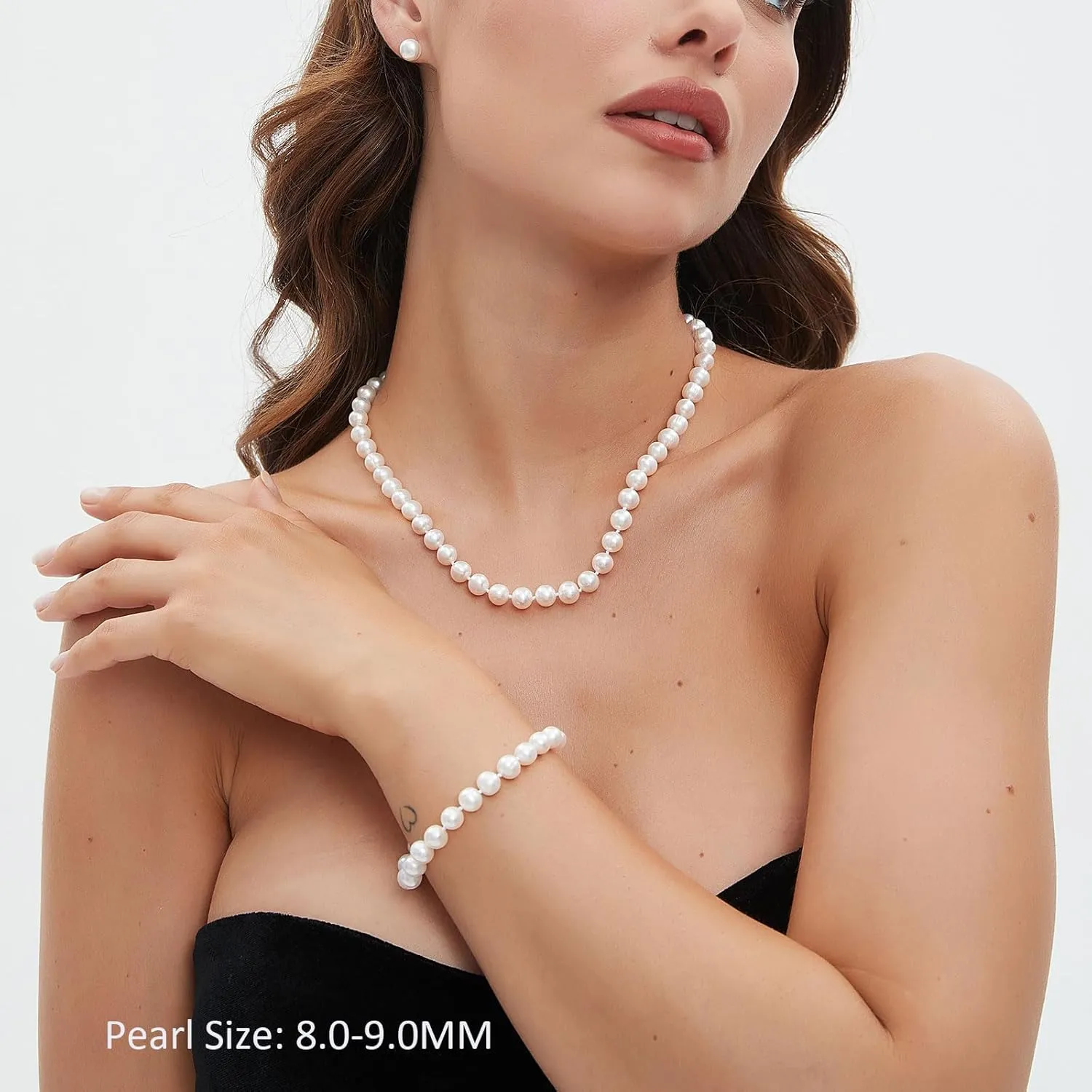 Freshwater Cultured Pearl Jewelry Set, Necklace & Earrings & Bracelet Set for Women, Pearl Strand Necklace with 925 Sterling Silver Clasp, Elegant Jewelry Gift for Mother's Day, Anniversary, Birthday, Wedding - 18 2 Inch