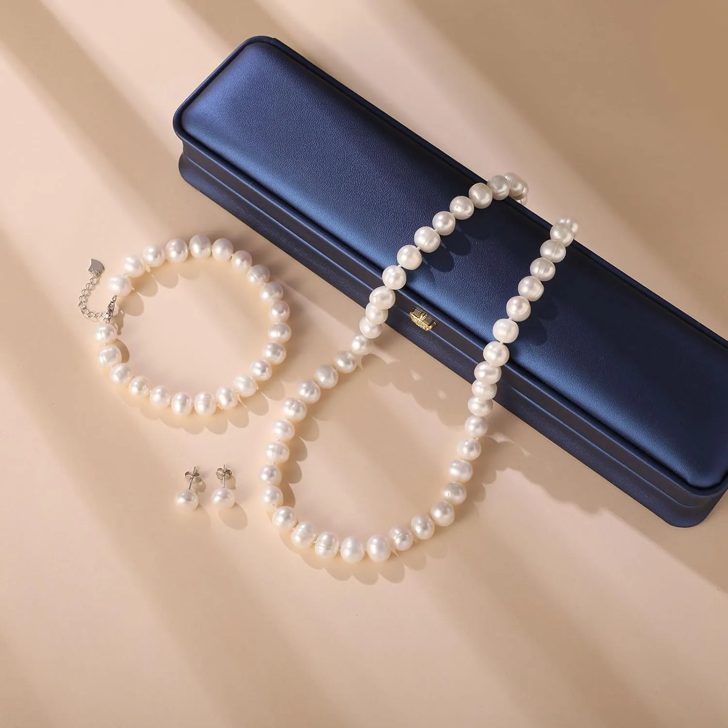 Freshwater Cultured Pearl Jewelry Set, Necklace & Earrings & Bracelet Set for Women, Pearl Strand Necklace with 925 Sterling Silver Clasp, Elegant Jewelry Gift for Mother's Day, Anniversary, Birthday, Wedding - 18 2 Inch