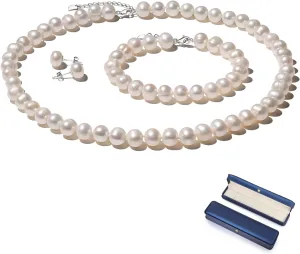 Freshwater Cultured Pearl Jewelry Set, Necklace & Earrings & Bracelet Set for Women, Pearl Strand Necklace with 925 Sterling Silver Clasp, Elegant Jewelry Gift for Mother's Day, Anniversary, Birthday, Wedding - 18 2 Inch