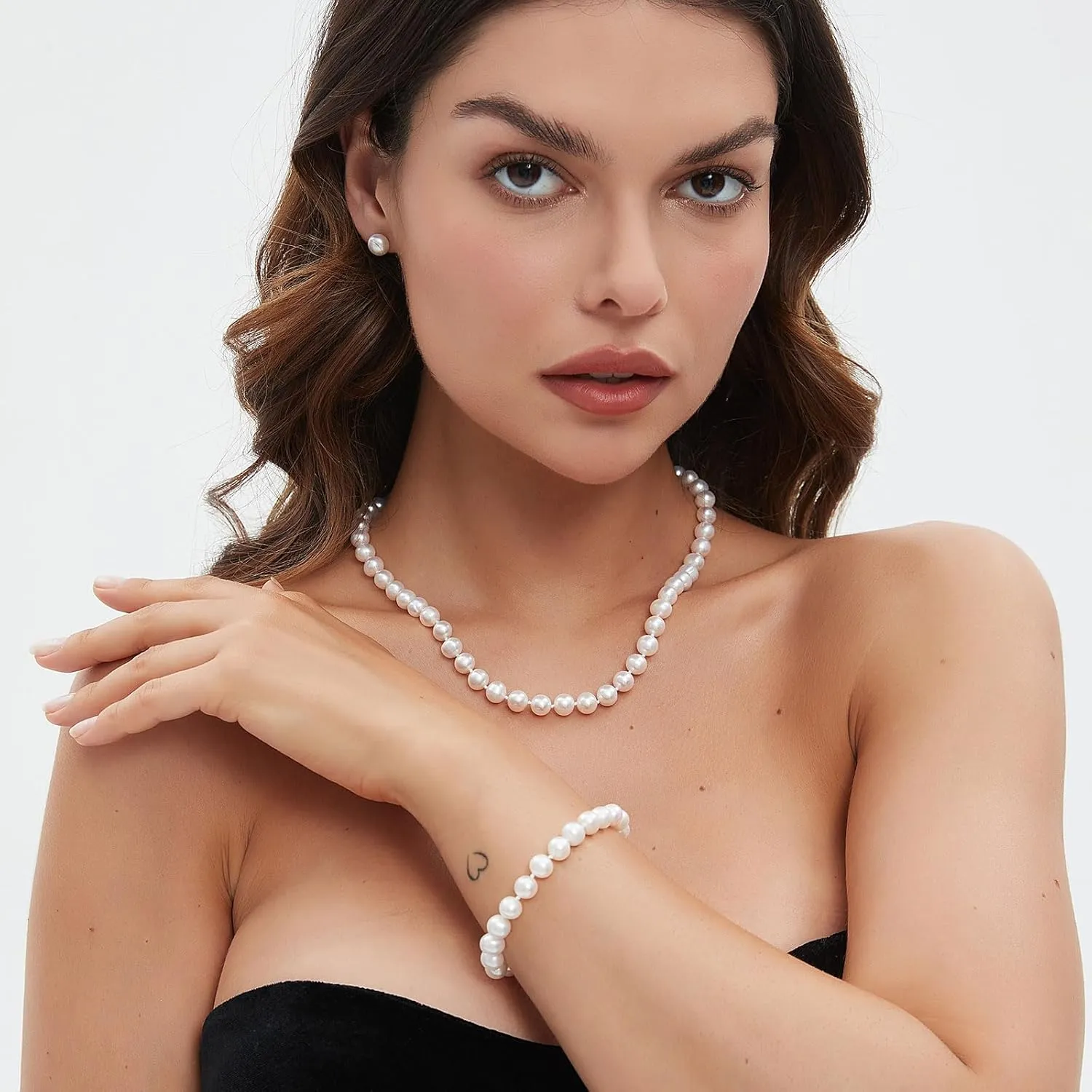 Freshwater Cultured Pearl Jewelry Set, Necklace & Earrings & Bracelet Set for Women, Pearl Strand Necklace with 925 Sterling Silver Clasp, Elegant Jewelry Gift for Mother's Day, Anniversary, Birthday, Wedding - 18 2 Inch