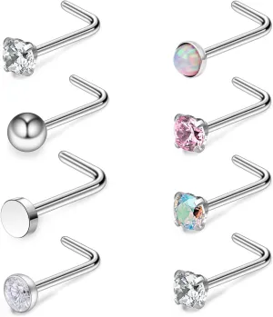 Ftovosyo G23 Titanium Nose Rings Studs Hypoallergenic Nose Rings for Women L Shaped Nose Piercings Nostril Piercing Jewelry for Sensitive Skin 22G/20G/18G