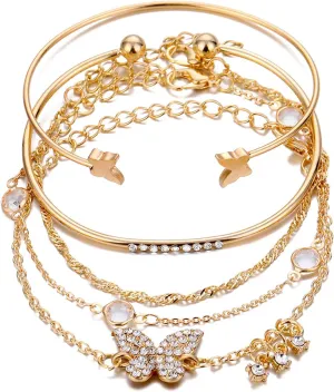 Fuqimanman2020 Bohemian 5pcs Butterfly Crystal Bangle Set Butterfly Open Bracelet for Women
