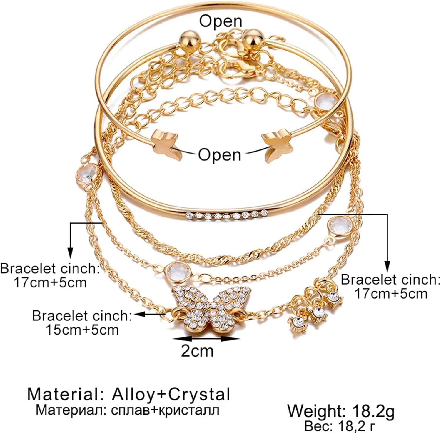 Fuqimanman2020 Bohemian 5pcs Butterfly Crystal Bangle Set Butterfly Open Bracelet for Women
