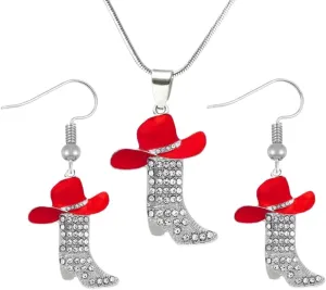Fuqimanman2020 Colorful Rhinestone Western Boots Necklace Earrings Set for Women Boho Cowgirl Cowboy Enamel Hat Boot Drop Dangle Earrings Country Concert Party Outfits Jewelry Gift