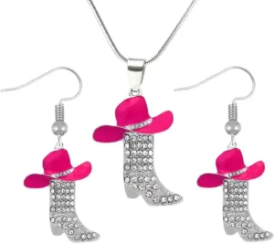 Fuqimanman2020 Colorful Rhinestone Western Boots Necklace Earrings Set for Women Boho Cowgirl Cowboy Enamel Hat Boot Drop Dangle Earrings Country Concert Party Outfits Jewelry Gift