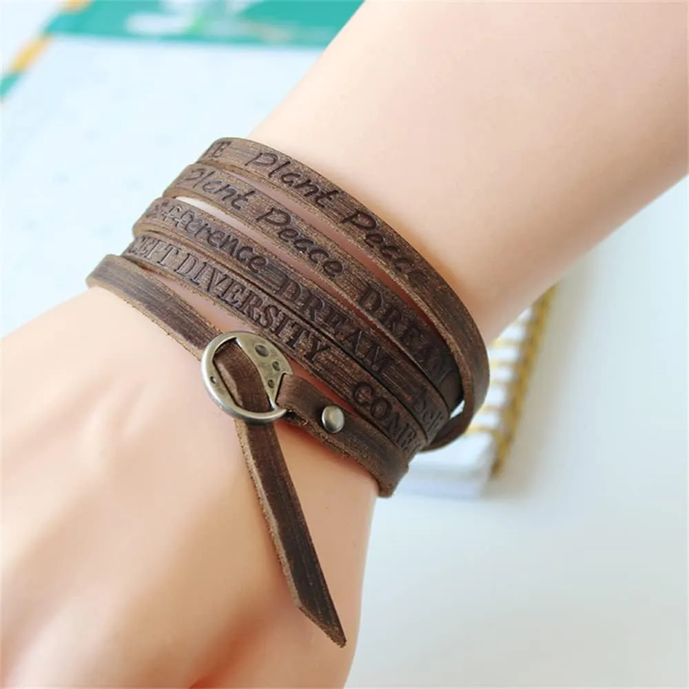 Fuqimanman2020 Handmade Genuine Leather 0.6cm Width 5 Wrap Bracelet for Women Alphabets Stamped Inspirational Words Multilayer Leather Bracelet Jewelry Gift For Men Women