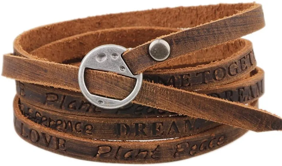 Fuqimanman2020 Handmade Genuine Leather 0.6cm Width 5 Wrap Bracelet for Women Alphabets Stamped Inspirational Words Multilayer Leather Bracelet Jewelry Gift For Men Women