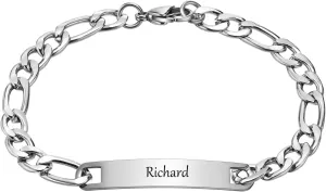 Gamtic Personalized Men ID Bracelets - Custom Engraving Name Bar Bracelet, Adjustable Figaro Chain Wrist Bracelet 21cm Stainless Steel Jewelry Customized Graduation Gift for Men Women Friendship