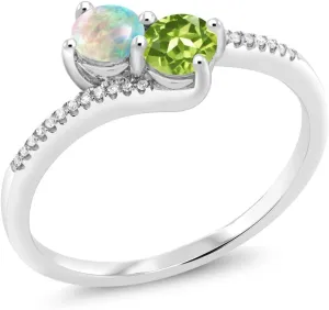 Gem Stone King 10K White Gold Forever United 2 Stone White Simulated Opal and Green Peridot and Diamond Engagement Ring For Women (0.72 Cttw, Round, Avaiable in Size 5,6,7,8,9)