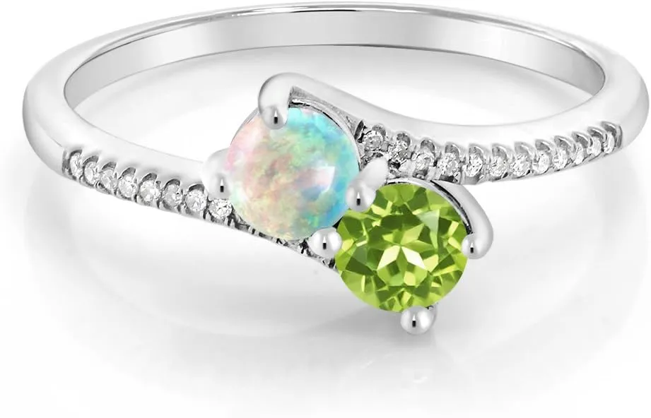 Gem Stone King 10K White Gold Forever United 2 Stone White Simulated Opal and Green Peridot and Diamond Engagement Ring For Women (0.72 Cttw, Round, Avaiable in Size 5,6,7,8,9)