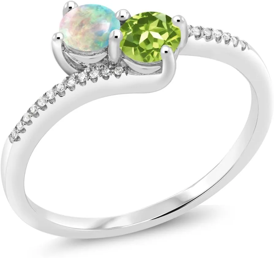 Gem Stone King 10K White Gold Forever United 2 Stone White Simulated Opal and Green Peridot and Diamond Engagement Ring For Women (0.72 Cttw, Round, Avaiable in Size 5,6,7,8,9)