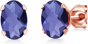 Gem Stone King 1.30 Ct Oval Checkerboard 7x5mm Blue Iolite Brass Rose Gold Plated Brass Stud Earrings For Women Men