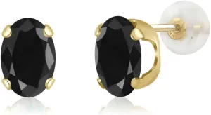 Gem Stone King 14K Yellow Gold Black Sapphire Stud Earrings | 2.14 Cttw | Gemstone Birthstone | Oval 7X5MM | Gold Earrings For Women Men