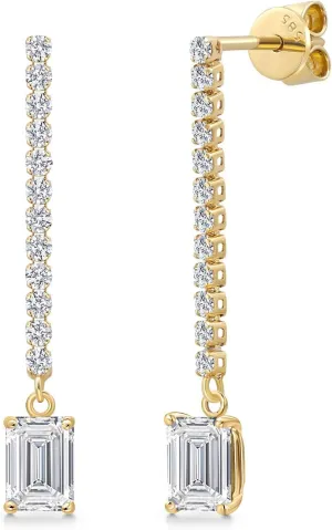 Gem Stone King 14K Yellow Gold Lab Grown Diamond Long Liner Dangle Earrings for Women | 1.66 Cttw | Emerald Cut 6X4MM | DEF Color | VVS-VS Clarity | Yellow Gold Chain Drop Earrings