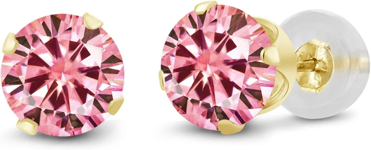 Gem Stone King 14K Yellow Gold Pink Moissanite Stud Earrings For Women Men (2.00 Cttw, Round 6.5MM)