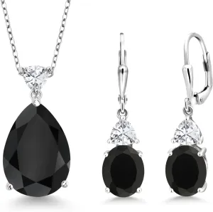 Gem Stone King 17.22 Cttw Black Onyx and White Zirconia Pendant Earrings Jewelry Set For Women | 925 Sterling Silver | Pear Shape 18X13MM | Gemstone Birthstone | With 18 Inch Chain