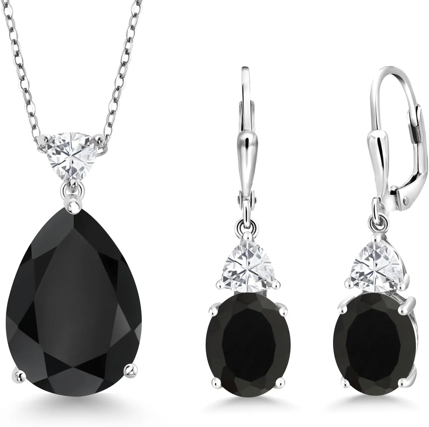 Gem Stone King 17.22 Cttw Black Onyx and White Zirconia Pendant Earrings Jewelry Set For Women | 925 Sterling Silver | Pear Shape 18X13MM | Gemstone Birthstone | With 18 Inch Chain