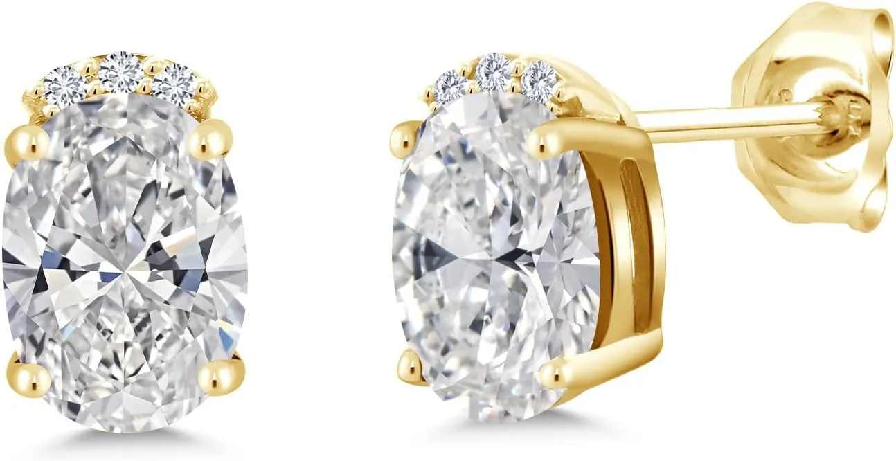 Gem Stone King 18K Yellow Gold Plated Silver Lab Grown Diamond Stud Earrings For Women | 1.46 Cttw | Gemstone April Birthstone | DEF Color | VVS-VS Clarity | Oval 7X5MM