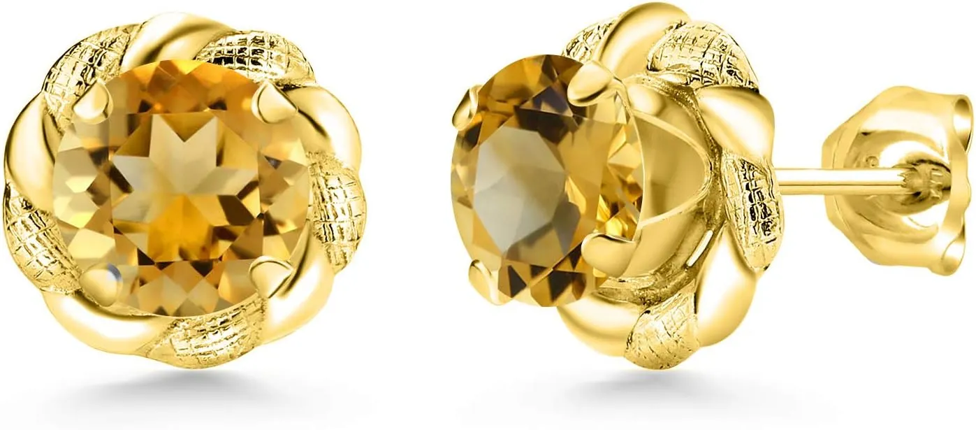 Gem Stone King 18K Yellow Gold Plated Silver Yellow Citrine Flower Stud Earrings For Women Men (1.60 Cttw, Gemstone November Birthstone, Round 6MM)
